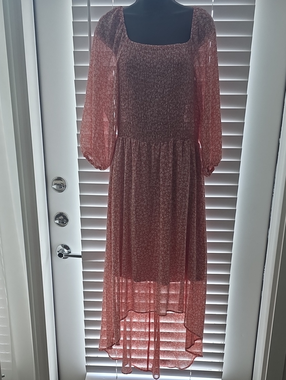 Luxology Floral Smocked High-Low Dress in Dusty Rose